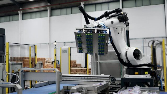 Robot arm working inside robotic automation facility - Industrial robot technology