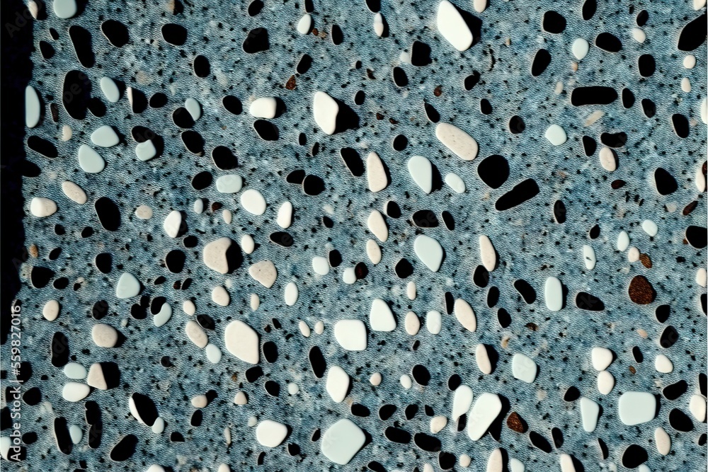 Poster a blue surface with white and black circles on it and a black background with a black border around 