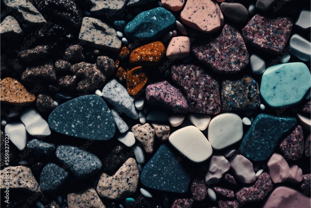 Poster a pile of rocks with different colors and shapes on them, all together in a pile, with a black frame