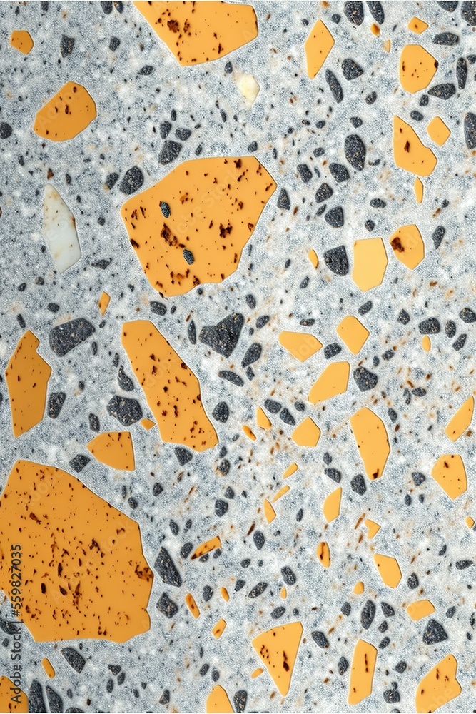 Poster a close up of a surface with a lot of rocks and dirt on it, and a yellow spot in the middle of the s