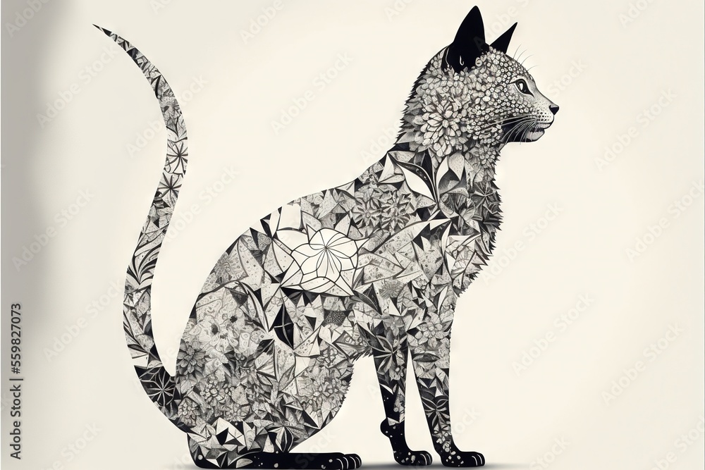 Poster a cat made up of many different things on a white background with a black outline of the cat's head 