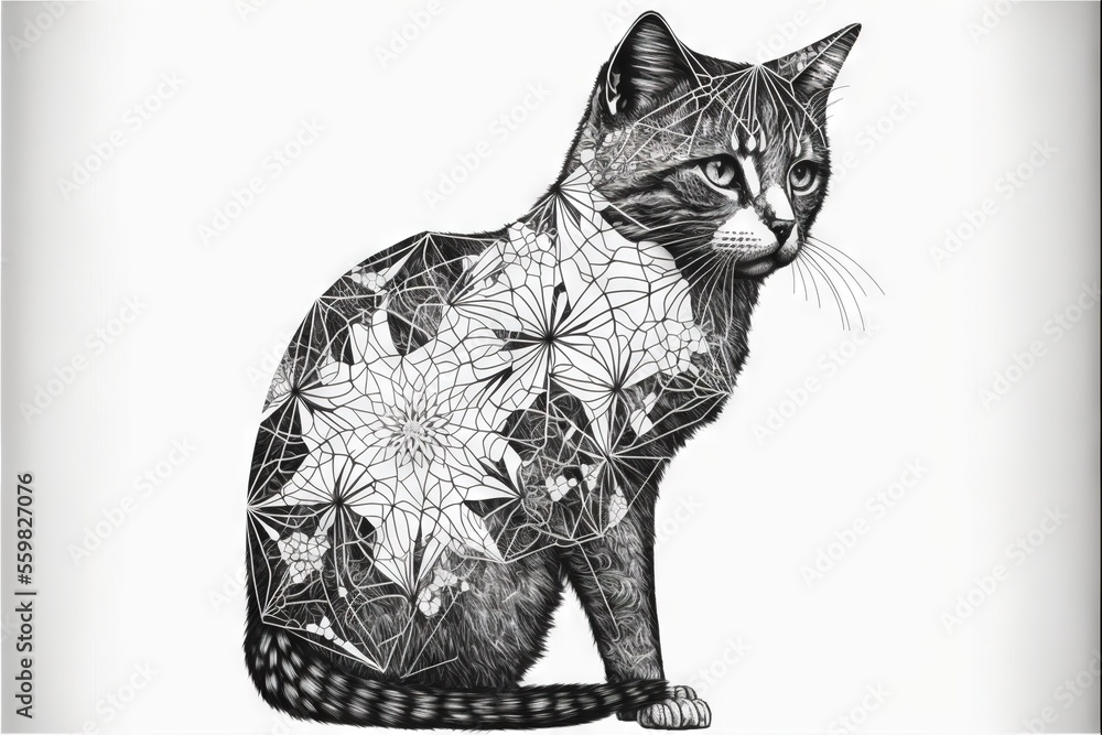 Poster a cat sitting on the ground with a pattern on it's back and a white background with a black and whit
