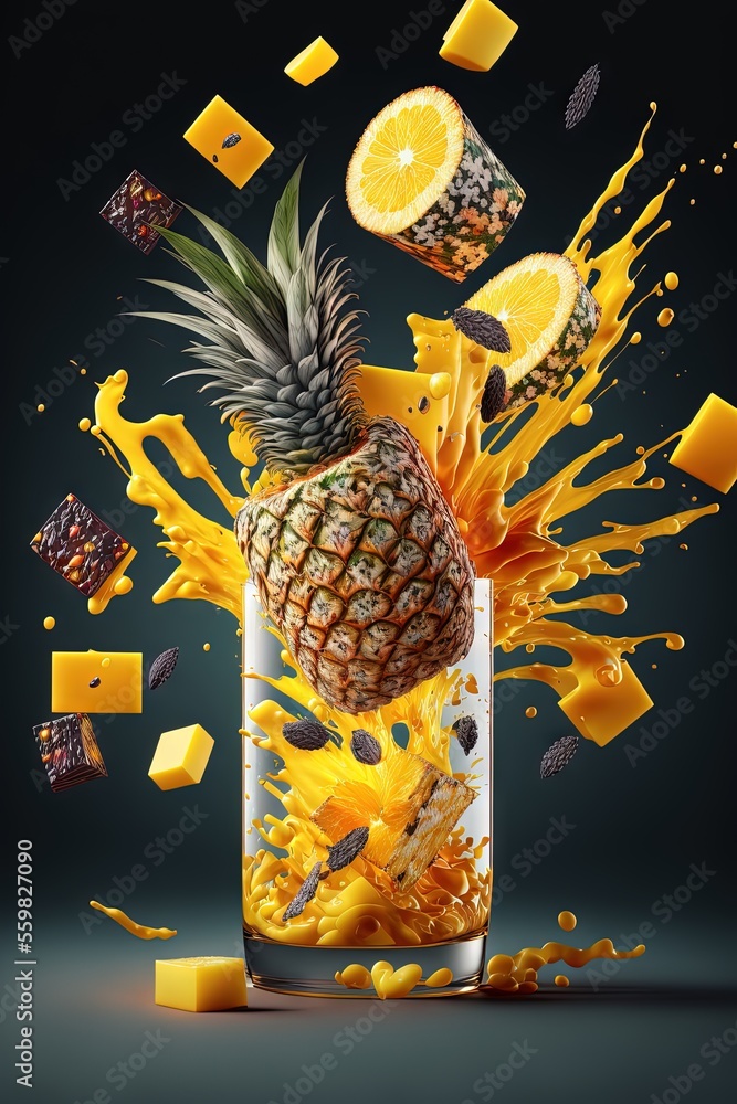 Aufkleber a pineapple in a glass of orange juice with a splash of orange juice on the side of it and a pineapp