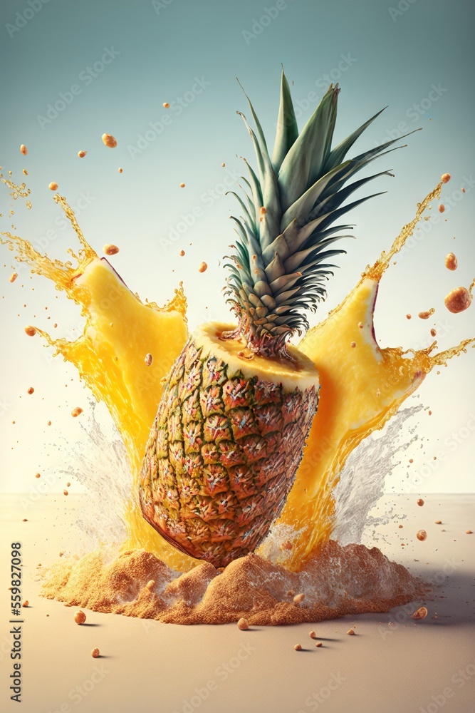 Poster a pineapple is splashing into a pineapple juicer with a splash of orange juice on it and on top of i