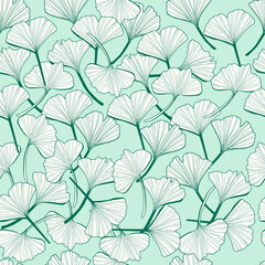 Hand drawn gingko biloba vector background seamless pattern on green