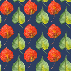 Watercolor seamless hand drawn pattern with green leaves of aspen and linden