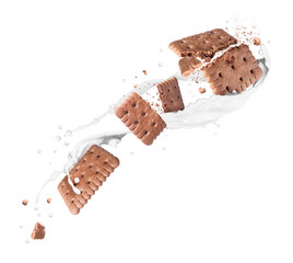 Delicious biscuits with chocolate flavor in milk splashes in the air