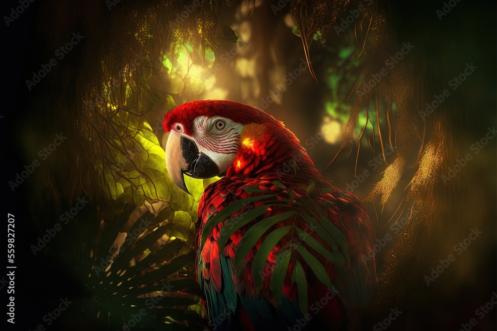 Poster a red parrot with a green and yellow pattern on its body and head, standing in a forest with trees a