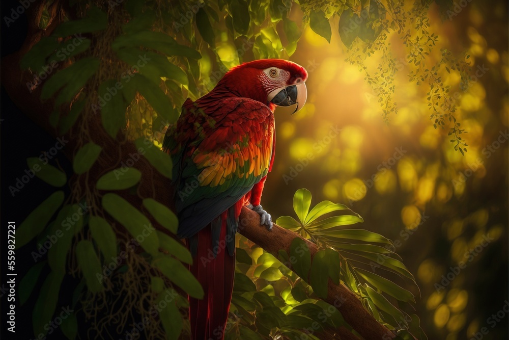 Poster a colorful parrot perched on a tree branch in a forest with sunlight shining through the leaves and 