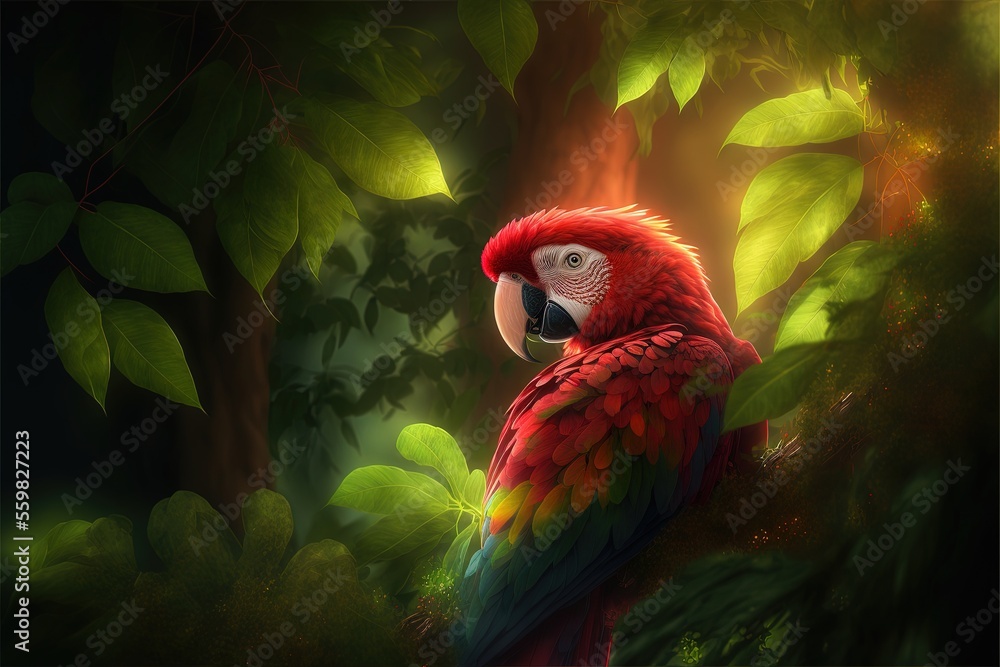 Poster a red parrot sitting on a tree branch in a forest with green leaves and a bright light shining on th