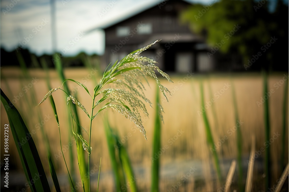 Poster  a house in the background with a field of grass in front of it and a house in the foreground with a house in the background with a few trees in the foreground and a., generative ai
