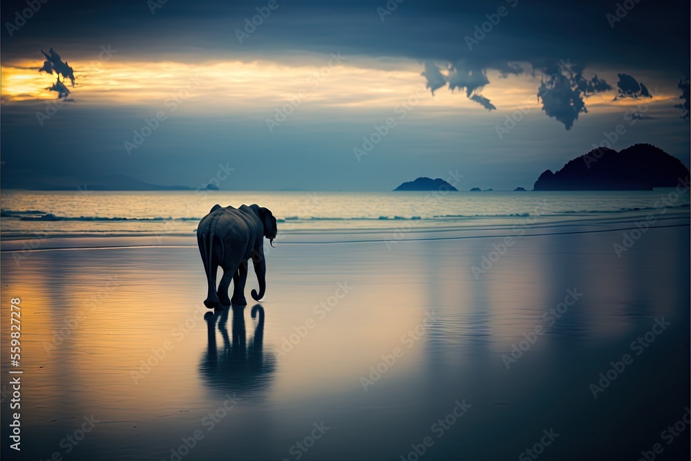 Poster an elephant walking on a beach at sunset with a cloudy sky in the background and a body of water in 