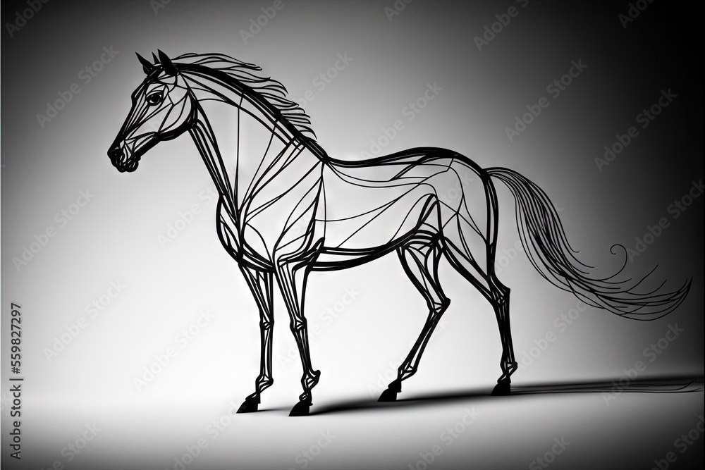 Poster a horse is standing in a black and white photo with lines on it's body and tail, and a tail is curle