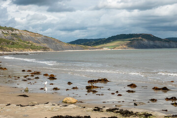 East Beach at Lyme Regis with the cliffs in the background on a stormy autumn day