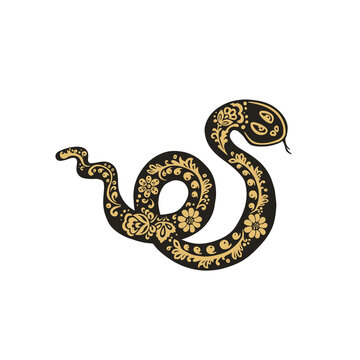 snake, viper in the style of Khokhloma painting, black and gold and vector illustration