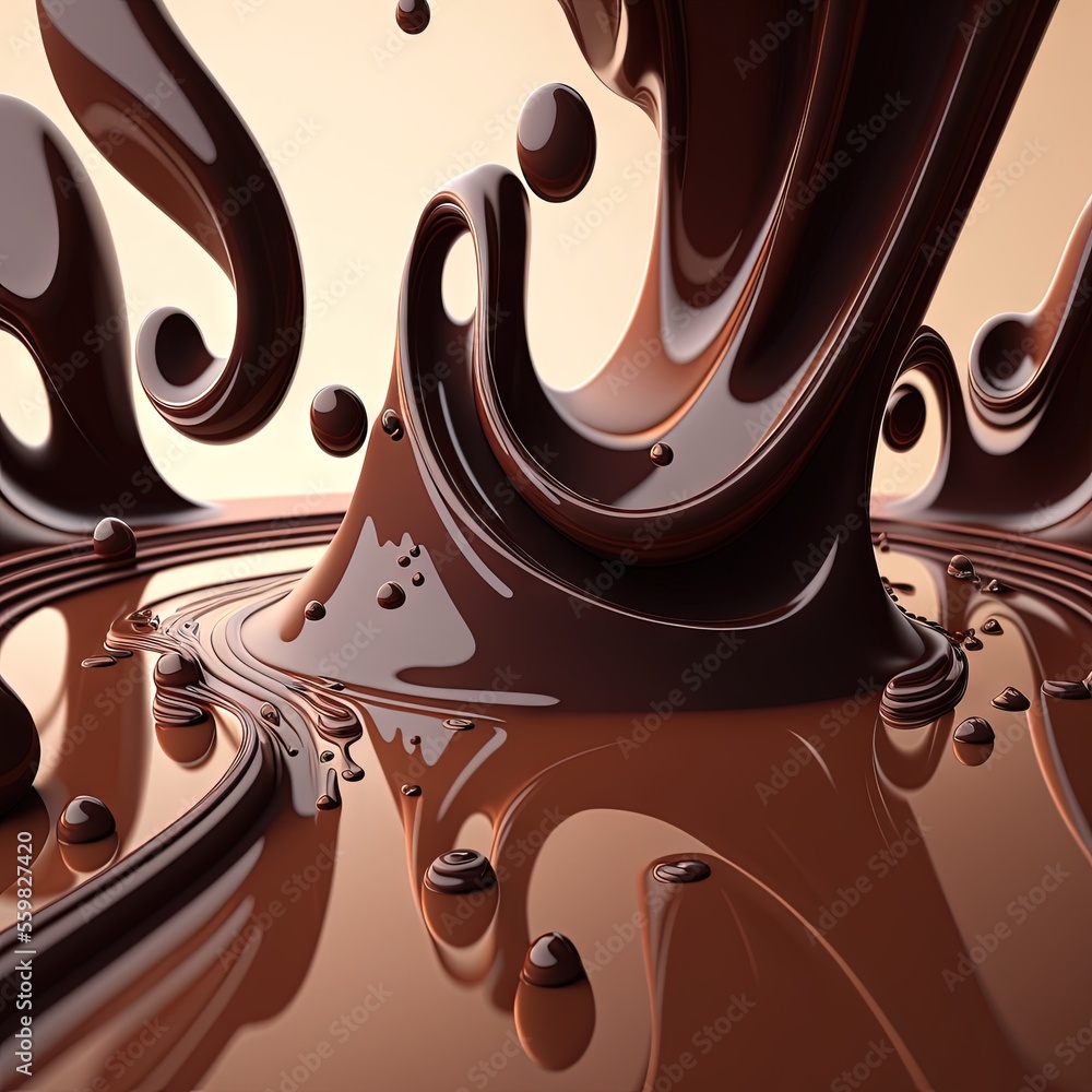 Poster a chocolate liquid swirls into the air with a brown background and a light brown background with a f