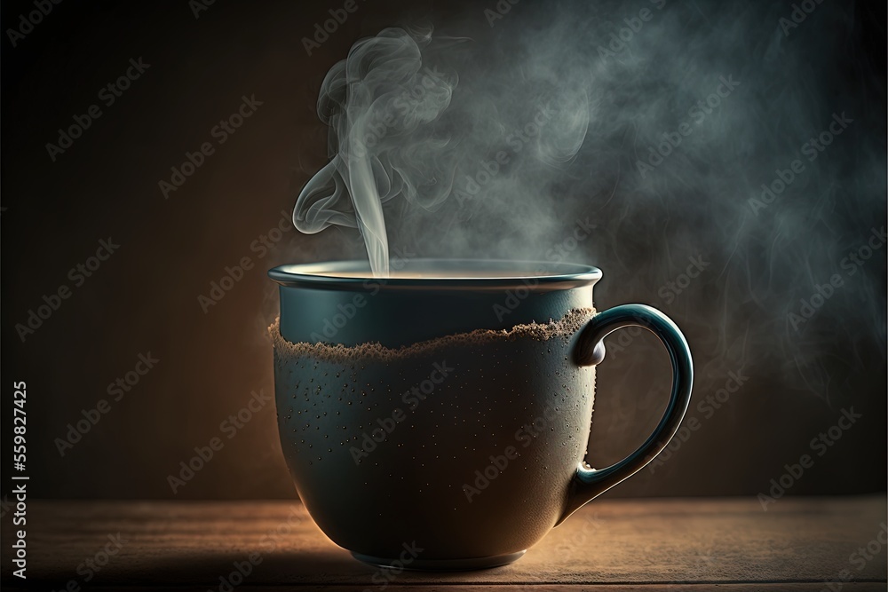 Poster a steaming cup of coffee on a table with steam rising from it and steam rising from the top of the c