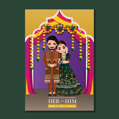 Obraz na płótnie Canvas Cute hindu couple in traditional indian dress cartoon character.Romantic wedding invitation card