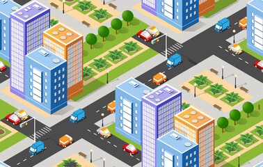 Seamless repeating pattern city isometric architecture business