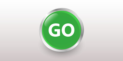 GO. Sparkling green button with glass effect. 3 D. Vector illustration.