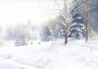 Watercolor illustration. Winter fun. Children ride down the hill. Drawing for printing and postcards.