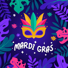Fototapeta na wymiar Square Blue Mardi gras carnival background with colorful flat elements design