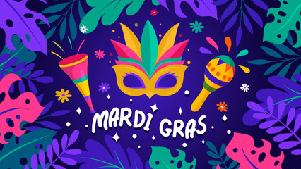Mardi gras carnival background with blue and colorful decorative flat elements