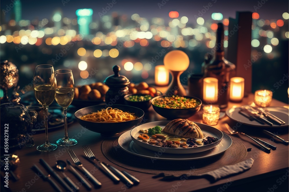 Aufkleber a table with a plate of food and a wine glass on it with a view of a city at night in the background