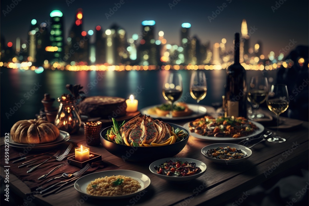 Poster a table with a plate of food and a candle on it with a city in the background at night time with a l