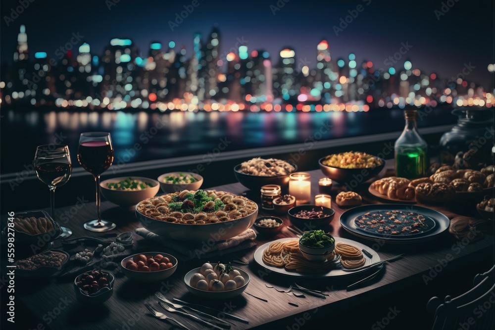 Poster a table with a lot of food and wine on it with a city in the background at night time with lights on