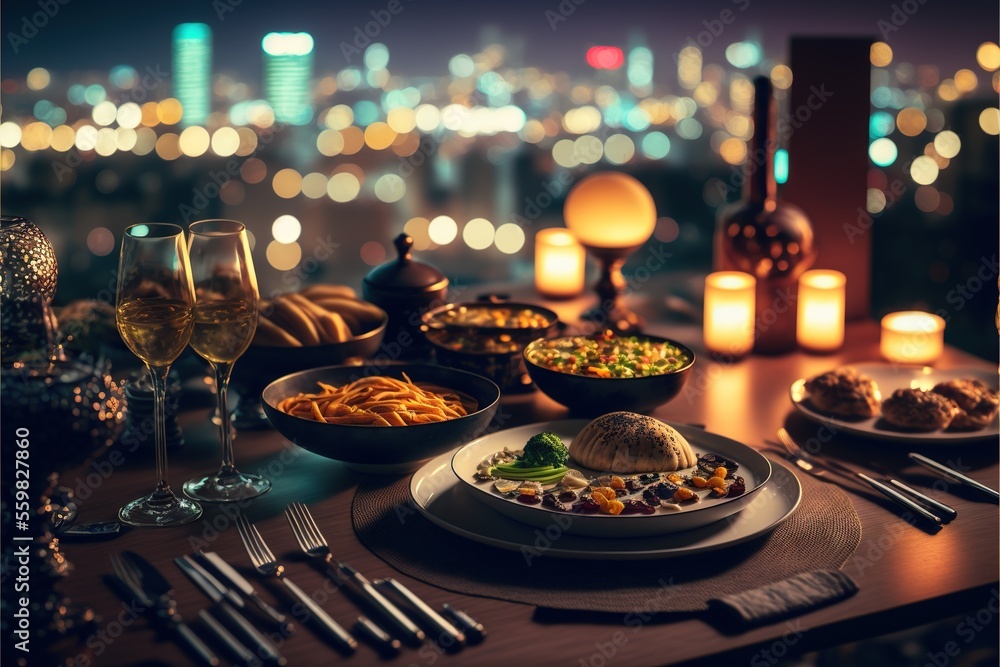 Poster a table with a plate of food and a glass of wine on it with a city view in the background at night t