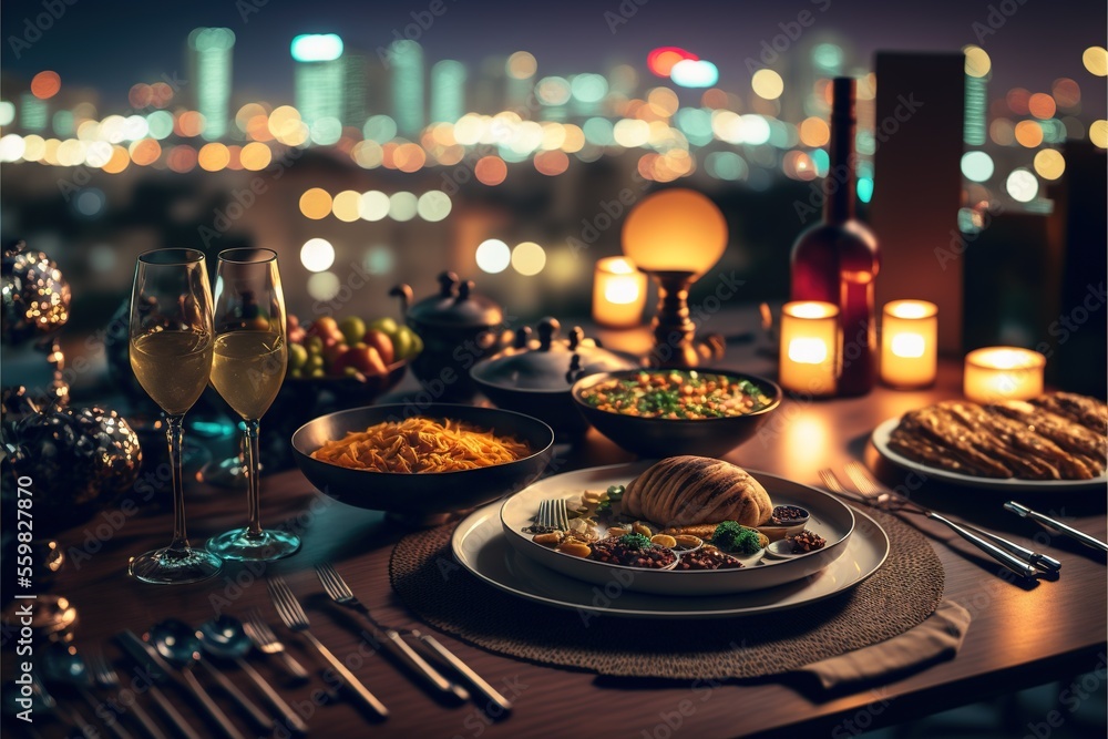 Aufkleber a table with a plate of food and a glass of wine on it with a city view in the background at night t