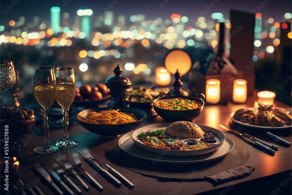 Poster a table with a plate of food and a glass of wine on it with a city view in the background at night t