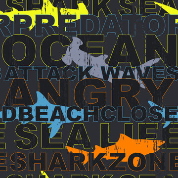 Seamless pattern with letters and shark. Background for textile, fabric, stationery, clothes, accessories, Web, pajamas and other designs.