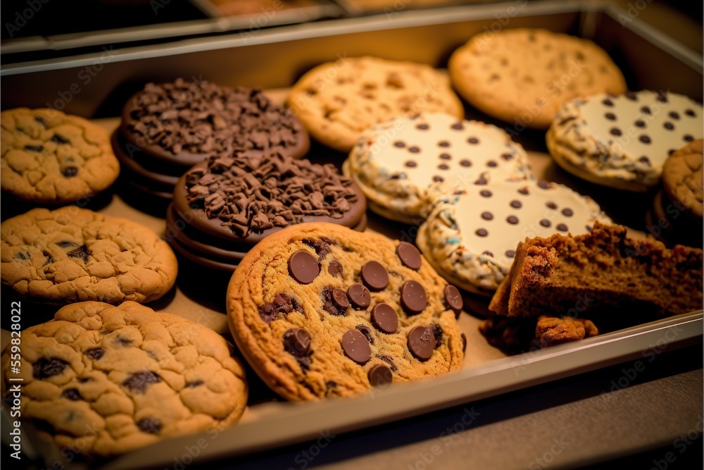 Poster a box of cookies and cookies with chocolate chips and cookies on top of them and a cookie with a bit
