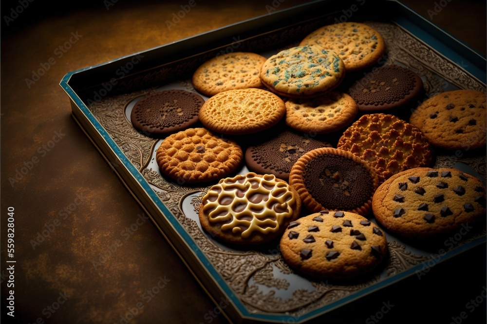 Poster a box of cookies with different designs on them on a table top with a brown background and a black b