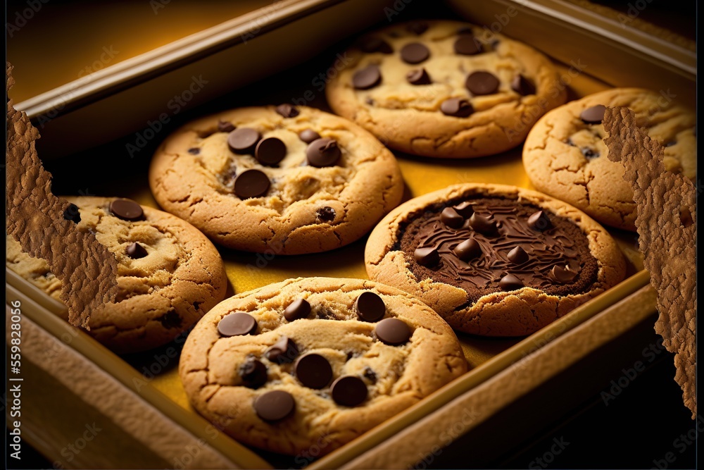Poster a box of chocolate chip cookies with a cookie in the middle of the box and a chocolate chip cookie i