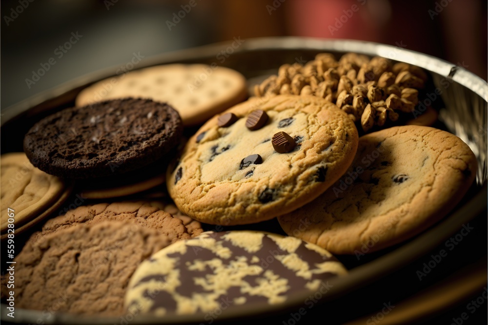 Poster a basket of cookies and cookies on a table top with a glass of milk in the background and a glass of