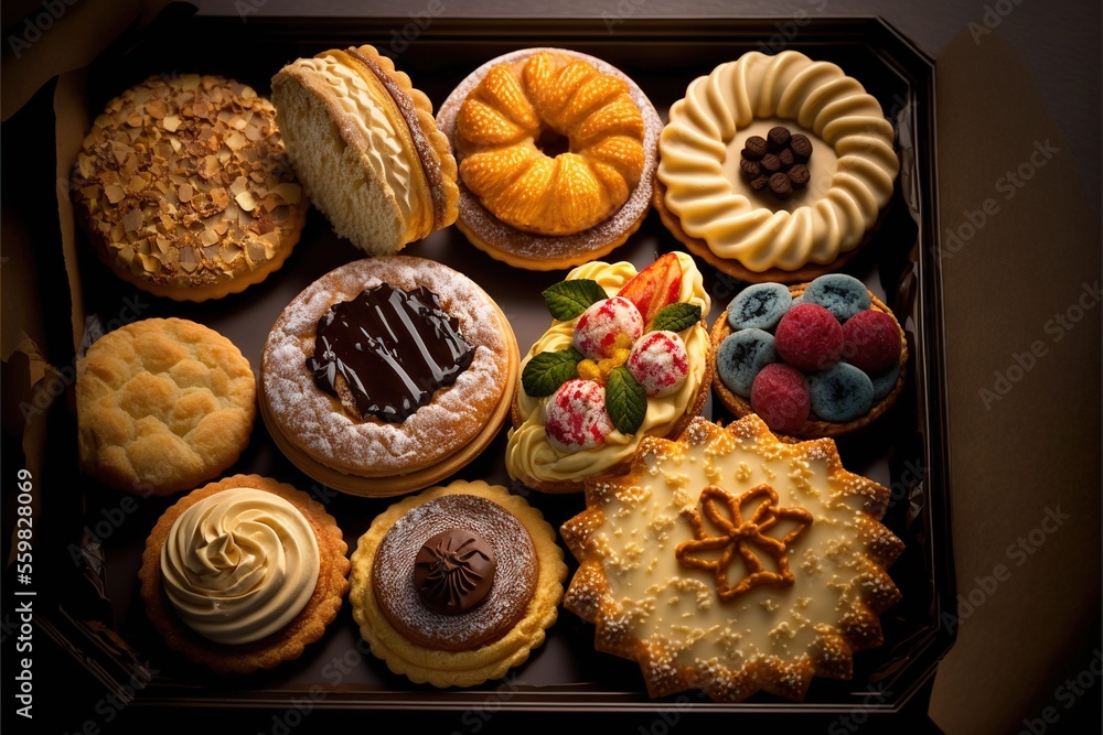 Poster a box of assorted pastries with different toppings and toppings on them, including cookies, cookies,