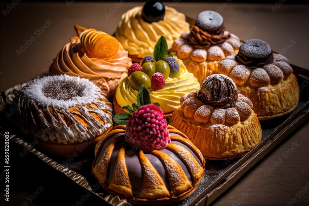 Poster a tray of different types of pastries on a table top with a black background and a black background 