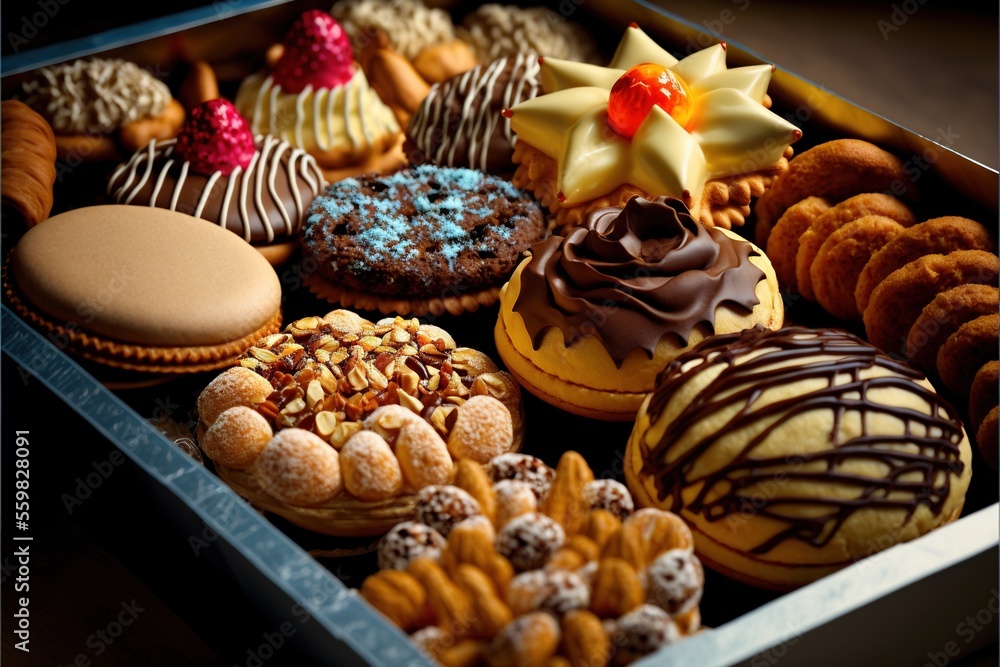 Poster a box of assorted pastries with a chocolate frosting and star on top of them, and a chocolate frosti