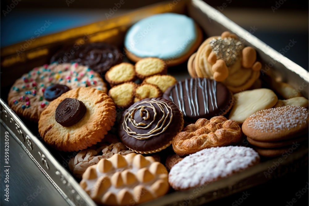 Poster a box of assorted cookies and pastries on a table top with a blue background and a black background 