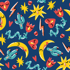 Seamless pattern with cute doodle moon, flowers, heart, stars, cactus, lips. Background for kids, textile, wrapping paper, socks, clothes, stationery and other designs.