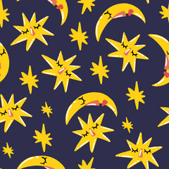 Seamless pattern with stars and moon. Background for textile, fabric, stationery, kids, clothes and other designs.