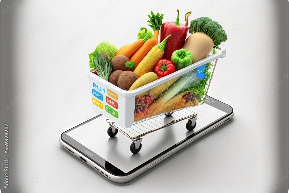 Poster a shopping cart filled with lots of different types of vegetables on a tabletop with a white backgro