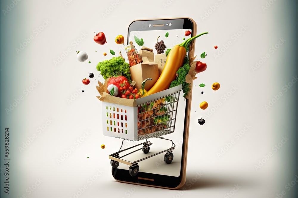 Poster a cell phone with a shopping cart full of food on it's screen and a shopping cart in the front of it
