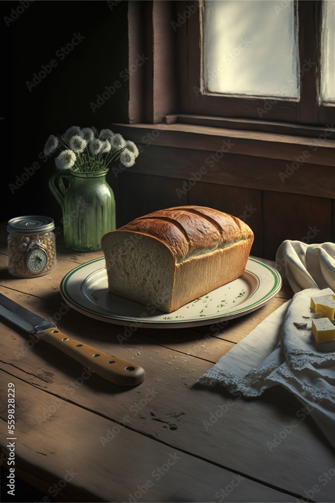 Poster a loaf of bread sitting on top of a plate next to a knife and a glass of milk on a table next to a w