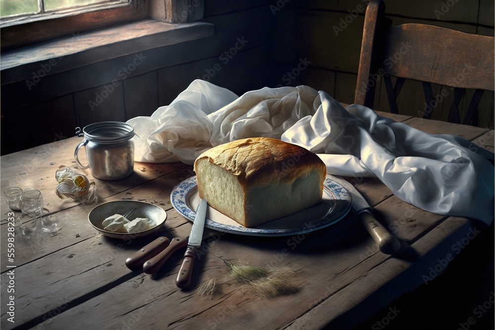 Aufkleber a loaf of bread on a plate next to a knife and a spoon on a table with a cloth draped over it and a 