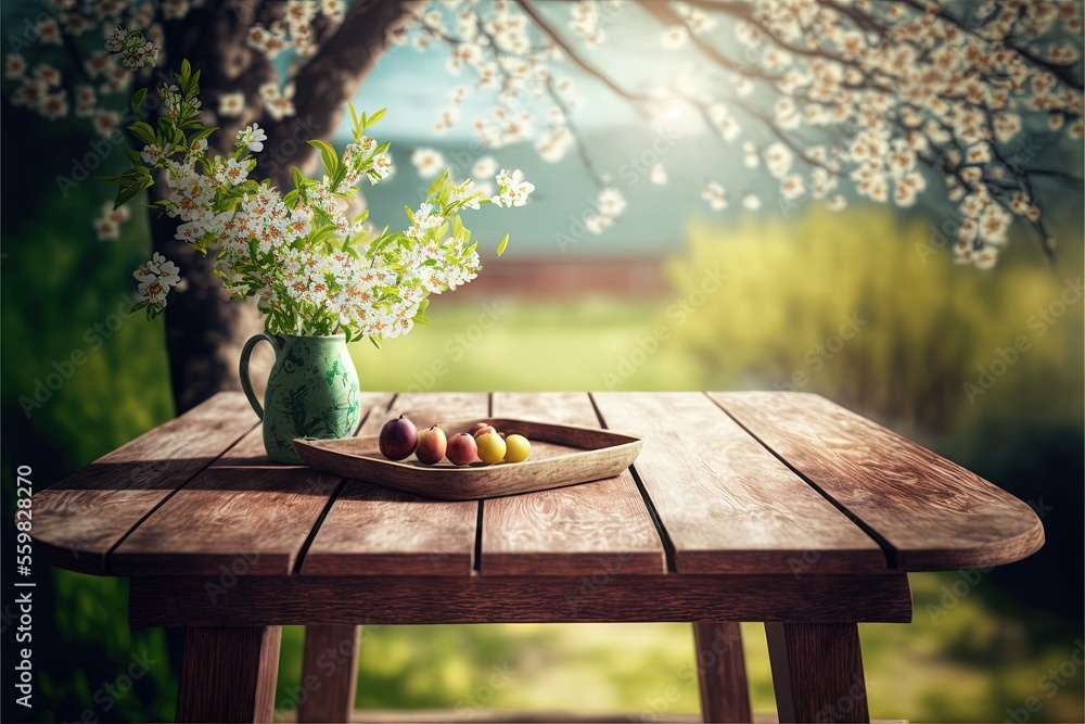 Poster a wooden table with a vase of flowers and apples on it, and a tray of apples on the table with a vas