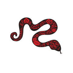 Black viper snake with flower painting ethno red color, vector illustration
